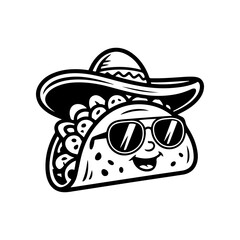 A black and white cartoon mascot of a taco wearing a sombrero and sunglasses. The smiling, cool character is stylized in a retro comic look, ideal for Mexican restaurant branding.