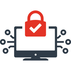 Digital Security Icon With A Computer Screen And A Red Padlock Symbol Featuring A White Check Mark On A Transparent Background With Circuits And Nodes Symbolizing Connectivity And Protection