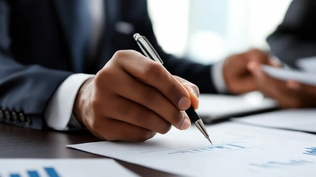 Signing off on Success: Focused hand of a professional in a smart suit carefully signs a crucial document, symbolizing the culmination of important deals and decisions.