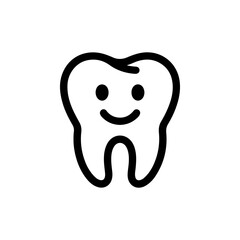 A simple black and white line art icon depicting a molar tooth with a friendly smiling face. The clean, cute design is ideal for dental care or children's dentistry themes.