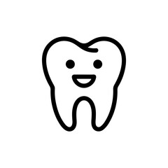 A simple black and white line art icon depicting a molar tooth with a friendly smiling face. The clean, cute design is ideal for dental care or children's dentistry themes.