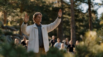 An experienced instructor guiding a group of students through a nail standing session in a peaceful forest clearing, surrounded by sunlight filtering through the trees — an inspiring scene of