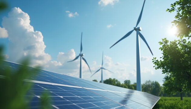 Solar panels and wind turbines stand on green grass under blue sky. Clean energy power generation from nature. Future tech for eco-friendly life.