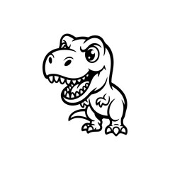 A black and white cartoon vector illustration of a cute baby Tyrannosaurus Rex with its mouth open. The dinosaur has big eyes and a playful, simple design, isolated on white.