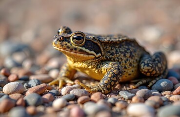 Fototapeta premium Canadian toad sits on colorful pebbles near water. Small amphibian has yellow brown skin with dark spots. Wild animal looks forward with big dark eyes.