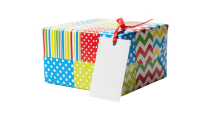 Colorful Gift Box Wrapped With Paper Tied With Red Ribbon And Blank Tag Isolated On White Background Festive Surprise