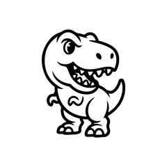 A black and white cartoon vector illustration of a cute baby Tyrannosaurus Rex with its mouth open. The dinosaur has big eyes and a playful, simple design, isolated on white.