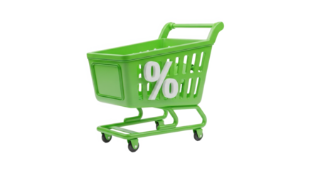 Bright Green Shopping Cart with Percentage Symbol Isolated on Transparent Background for Sales and Discounts