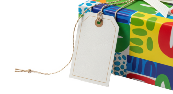 Festive Gift Box with Blank Tag Isolated on Transparent Background Ready for Celebration