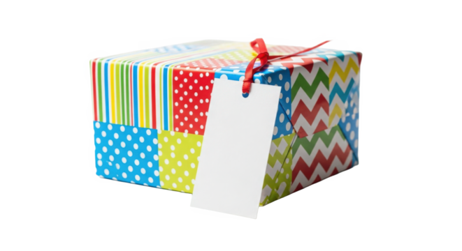 Colorful Gift Box Wrapped With Paper Tied With Red Ribbon And Blank Tag Isolated On White Background Festive Surprise