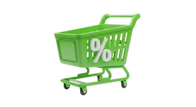 Bright Green Shopping Cart with Percentage Symbol Isolated on Transparent Background for Sales and Discounts