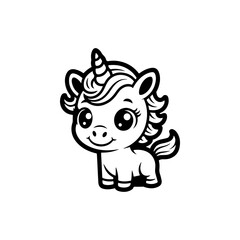 A black and white cartoon vector illustration of an adorable baby unicorn. The mythical creature has big, sparkling eyes, a spiraled horn, and a flowing mane, isolated on white.