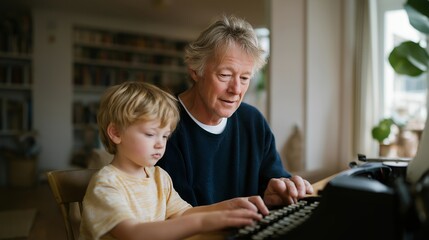 Senior man gently guiding his grandchild’s small hands over the keys of an old typewriter in a sunlit living room — a heartwarming, nostalgic scene symbolizing generational bonding, the passing