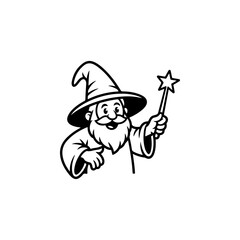 A black and white cartoon mascot of a friendly wizard with a long beard and a pointed, star-covered hat, holding a magic wand. The character is stylized in a simple, fun comic look.