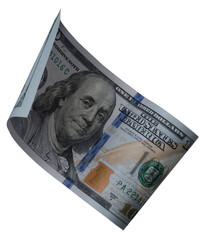 Levitating hundred dollar bill isolated on a transparent background for visual effect