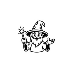 A black and white cartoon mascot of a friendly wizard with a long beard and a pointed, star-covered hat, holding a magic wand. The character is stylized in a simple, fun comic look.