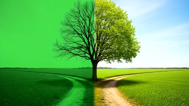 A tree stands at a crossroads, half dead and bare, the other half vibrant and green, symbolizing choice and change