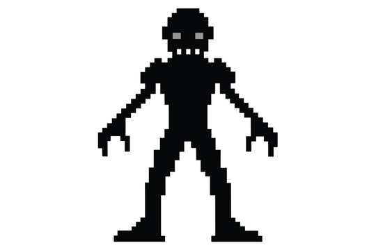 Black pixelated monster with glowing eyes stands menacingly, its blocky form evokes vintage game horror