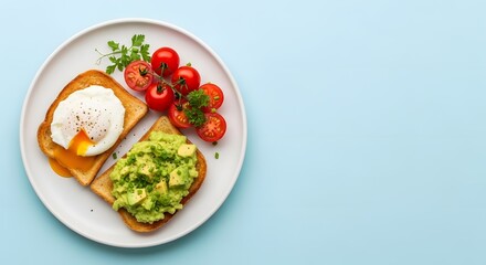 Top-down flat lay of a Western-style breakfast plate with toast, eggs, avocado, cherry tomatoes, and herbs. Empty space is intentionally placed to the right for layout flexibility. Background is soft 