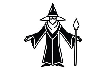 Black robed mage stands with staff offering guidance in a simple monochrome style