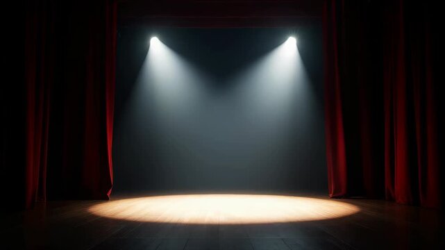 Empty Theater Stage with Red Velvet Curtains and Bright Spotlight Illumination Creating Dramatic Atmosphere