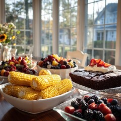 A bright, sunlit table set with a variety of colorful foods. 