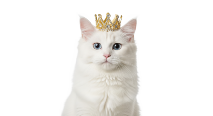 Majestic White Cat Wearing a Gold Crown Symbolizing Royalty and Elegance