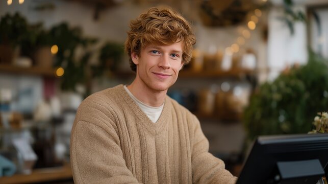 Local café owner managing digital menu boards and overseeing contactless payment systems while interacting with customers, representing modern café technology, seamless service innovation, and