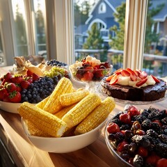 A bright, sunlit table set with a variety of colorful foods. 