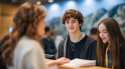 A university campus information desk bustling with students asking questions about orientation, schedules, and campus services — academic support, student success resources, and inclusive
