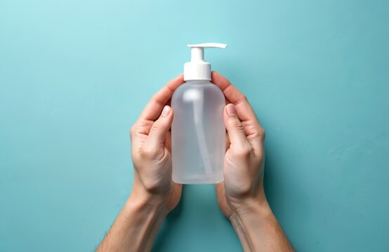 Hands hold transparent bottle with antibacterial gel for hand sanitizing. Clear liquid dispenser for preventing virus, germ spread. Personal hygiene liquid.