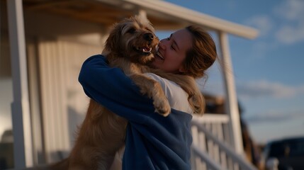 At the front steps of a cozy home, a dog leaps into the arms of a soldier just returned from deployment, tail wagging furiously as laughter fills the air. The embrace is spontaneous and pure,