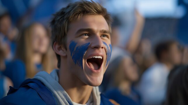 Close-up of painted faces shouting in unison — authentic celebration of sports passion, inclusion, and hometown pride. cinematic color correction, natural uneven lighting yet gentle backlight, soft - Powered by Adobe
