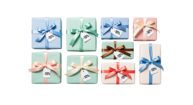 Assortment of Carefully Wrapped Gift Boxes Tied with Ribbons and Gift Tags Celebrating Holidays and Special Occasions