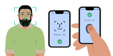 Face ID and touch ID. Fingerprint sign. Identification icons. Facial recognition system, identification face. Finger scanner. Biometric verification. Vector.