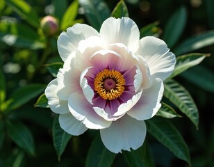 White and pink peony flower with yellow center opens in garden. Green leaves and unopened bud are visible. Summer blooming plant grows outdoors. Petals show soft color gradient. Nature detail.