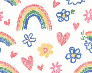 クレヨンで描かれた虹、花、ハートのシームレスパターン。子供のような明るいイラスト。