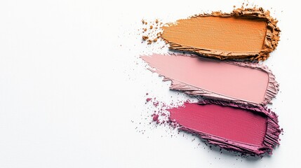 A close-up shot displays three distinct swatches of crushed makeup powder, showcasing vibrant shades of orange, soft pink, and deep berry.