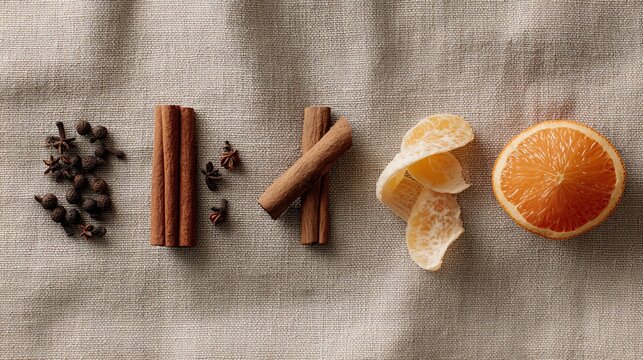 A festive minimalist flat lay of mulled wine ingredients cloves, cinnamon, orange peel arranged geometrically on neutral linen fabric, soft pastel background