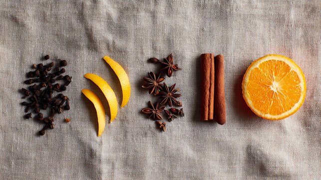 A festive minimalist flat lay of mulled wine ingredients cloves, cinnamon, orange peel arranged geometrically on neutral linen fabric, soft pastel background