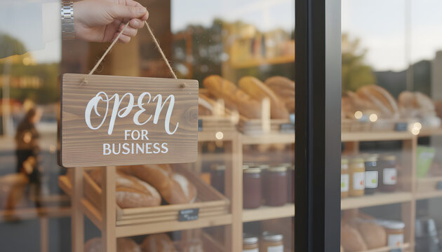 Hand hanging an Open for Business sign on a shop window