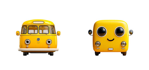 Two cute yellow cartoon buses with smiling faces against a black studio backdrop on transparent background