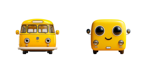 Two cute yellow cartoon buses with smiling faces against a black studio backdrop on transparent background