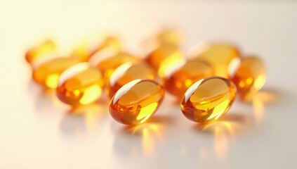 A clean, bright macro shot of vitamin D capsules on a white surface, using light and reflections to convey clarity, health-conscious supplementation, and lifestyle-focused cancer prevention