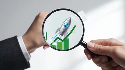 Hands Hold Magnifying Glass Inspecting Rocket Launch White Object on Soft White Backdrop High Angle Shot Business Growth Concept Illustration