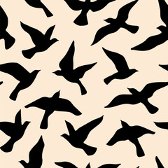 Abstract flying birds on simple background. Silhouettes of pigeons, doves daisy seamless pattern. Vector illustration for minimal textile fabric print design