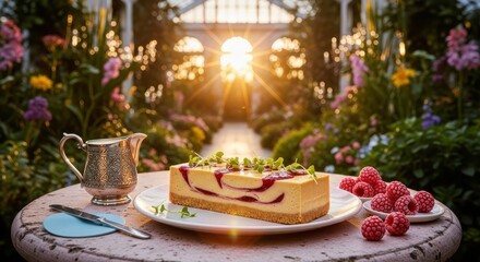Fototapeta premium Peanut butter cheesecake A slice of elegant cheesecake with a raspberry swirl and topping, served on a white plate with fresh raspberries in a sunlit greenhouse.