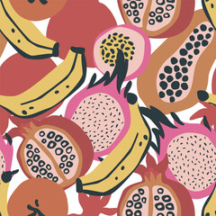 Abstract dragon fruit, papaya, orange, banana, pomegranate drawing seamless pattern. Tropical fruits background. Vector illustration for kitchen wallpaper, health care products, fabric, textile design