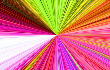 A vibrant abstract explosion of multicolored rays converging at a central point. The image features bright neon hues including pink, green, yellow, orange, and white, creating a dynamic burst effect w