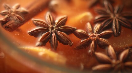 A macro detail of cinnamon and star anise floating in cider, sharp focus on spices, blurred warm orange glow, abstract gourmet photography